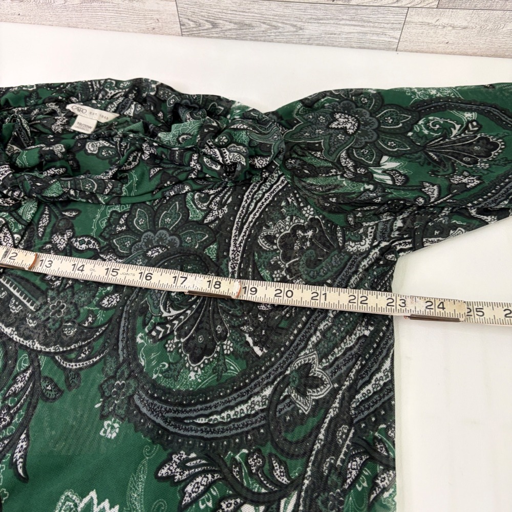 Cato Blouse Womens 18/20W Green Paisley Tie Neck Tiered Bell Sleeve Mesh Overlay - Picture 6 of 10